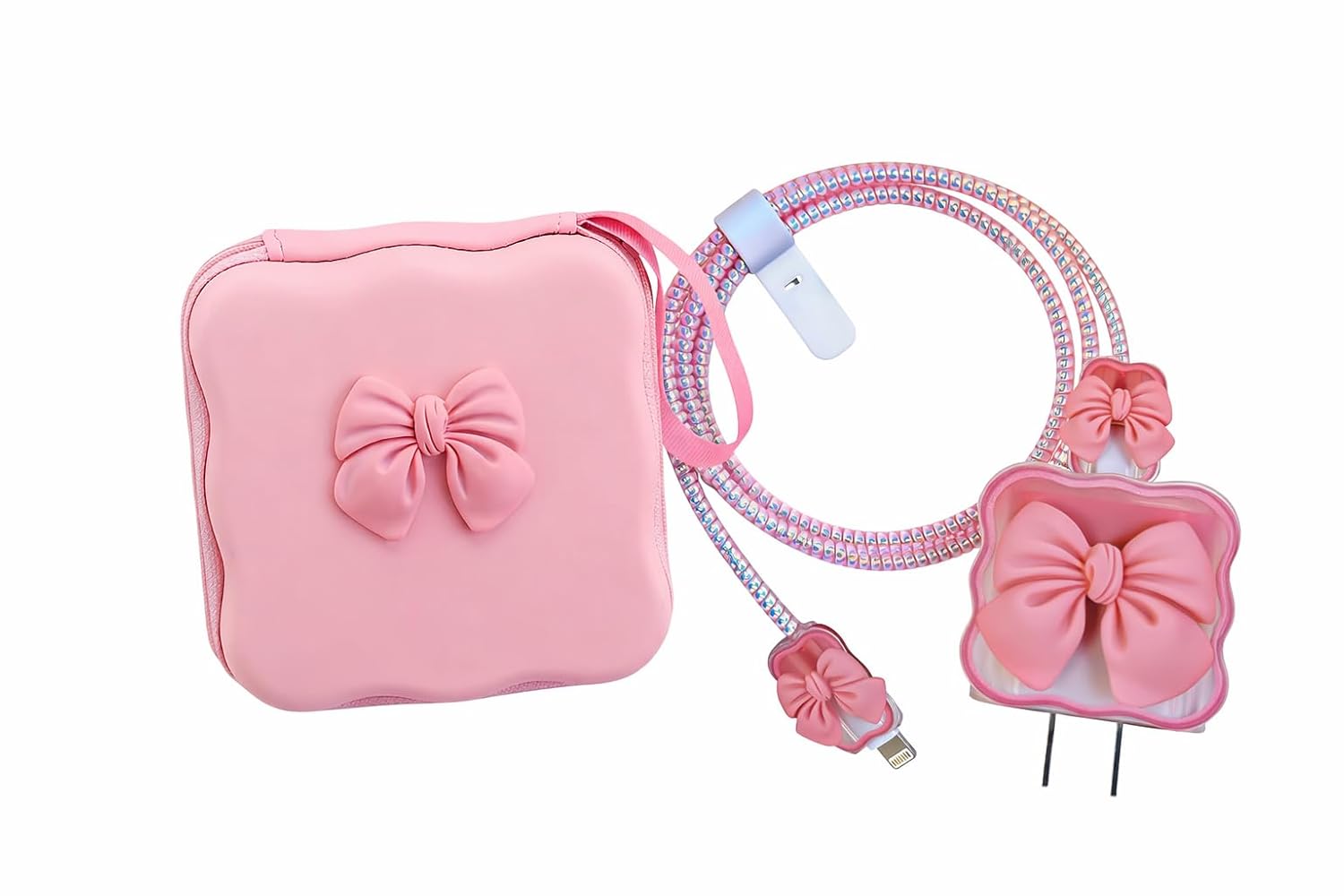 Charger Protector Combo Set for iPhone 18W/20Charger Protector Combo Set for iPhone 18W/20W with Protective Zipper Pouch Case Cover, Best Idea for Gift Set (Pink Bow)W with Protective Zipper Pouch Case Cover, Best Idea for Gift Set (Pink Bow)